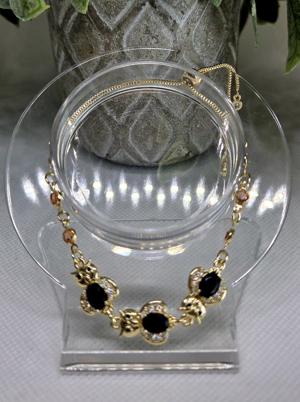 Gold-Tone Black CZ Owl Family - Adjustable Bracelet